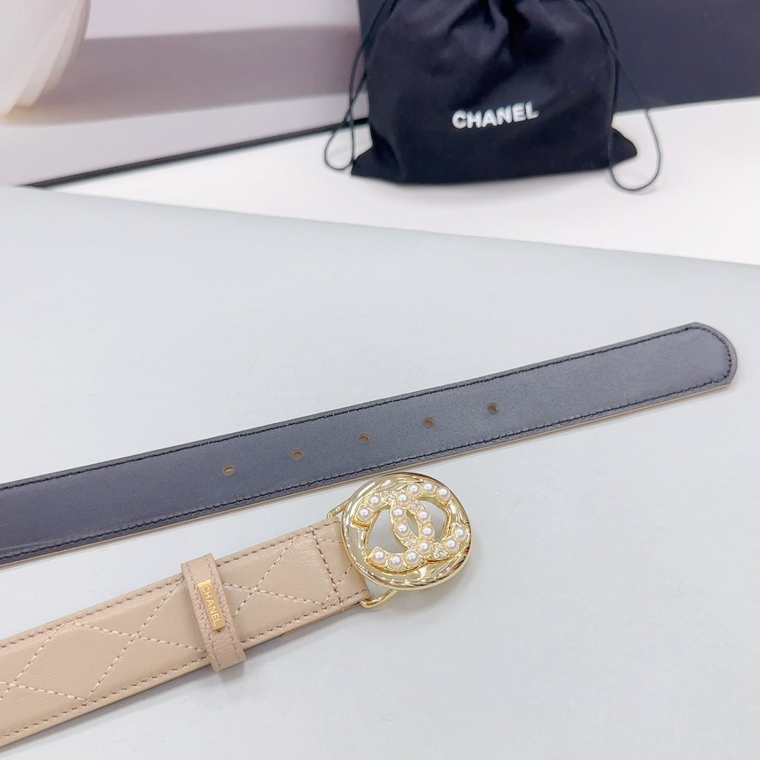 CHANEL 30MM BELT IN CAMEL BROWN CALFSKIN GOLD HARDWARE ATTACH PEARLS