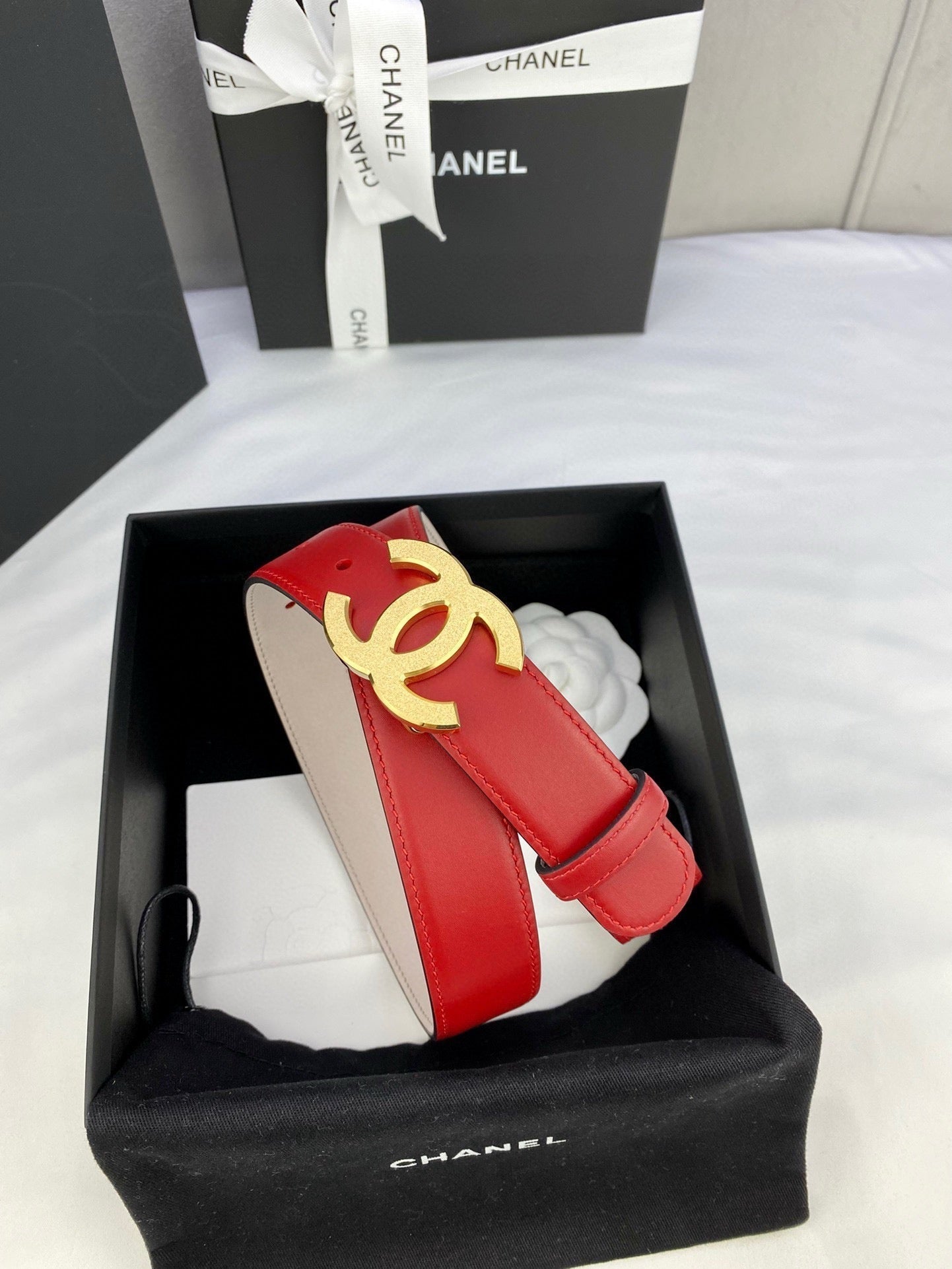 CHANEL DOUBLE C BELT 30MM IN RED CALFSKIN METAL BUCKLE
