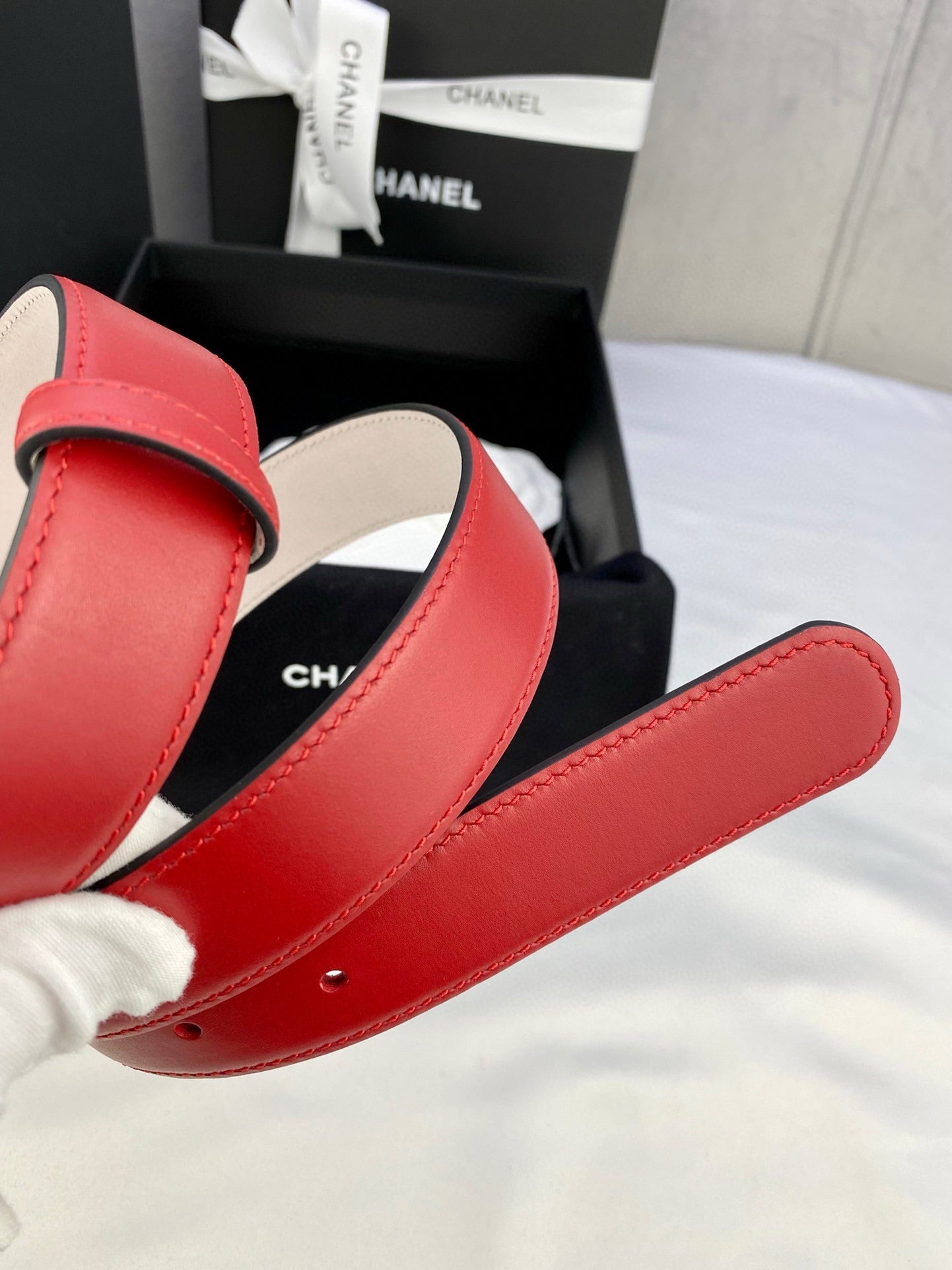 CHANEL DOUBLE C BELT 30MM IN RED CALFSKIN METAL BUCKLE