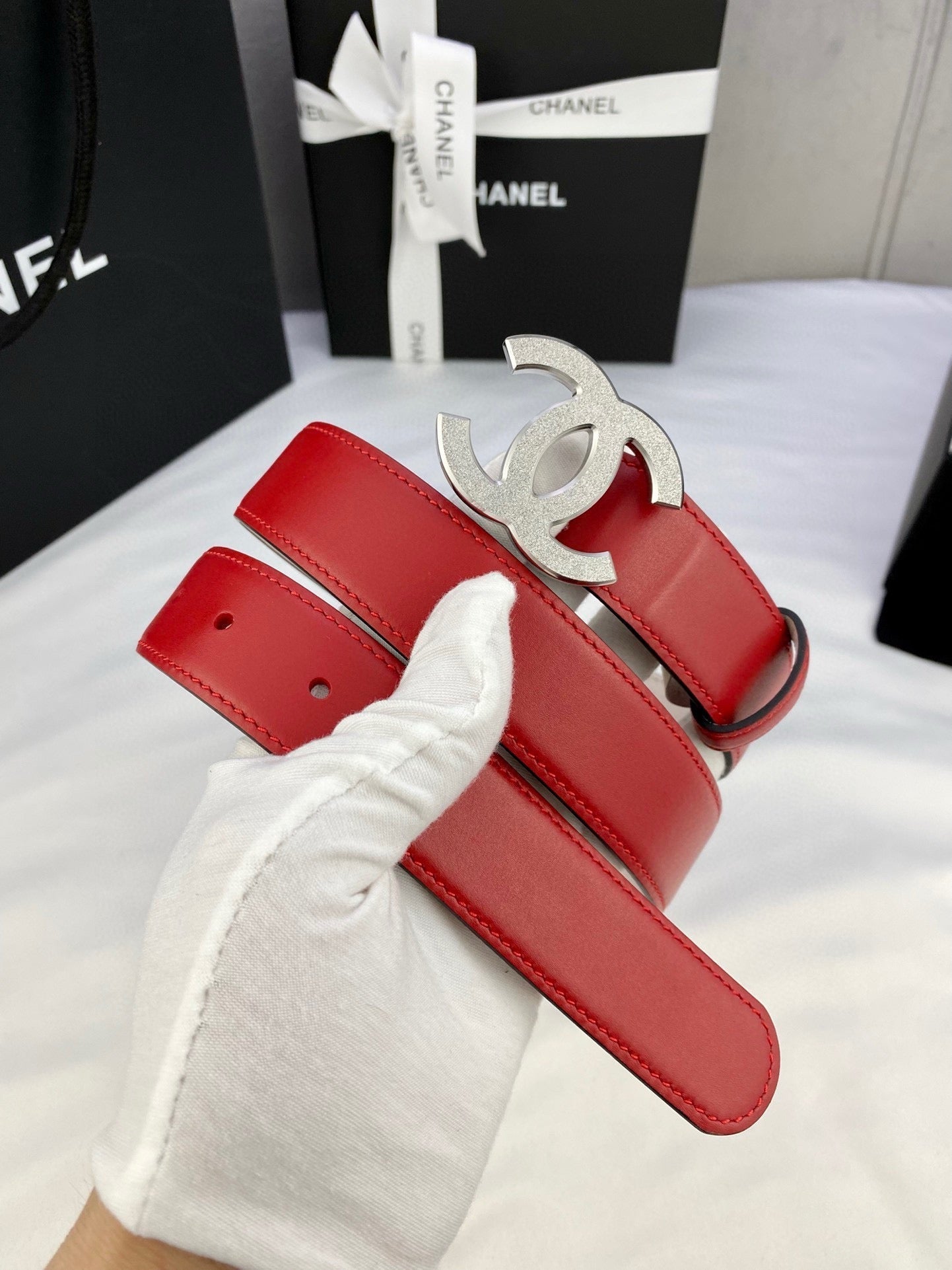 CHANEL DOUBLE C BELT 30MM IN RED CALFSKIN METAL BUCKLE