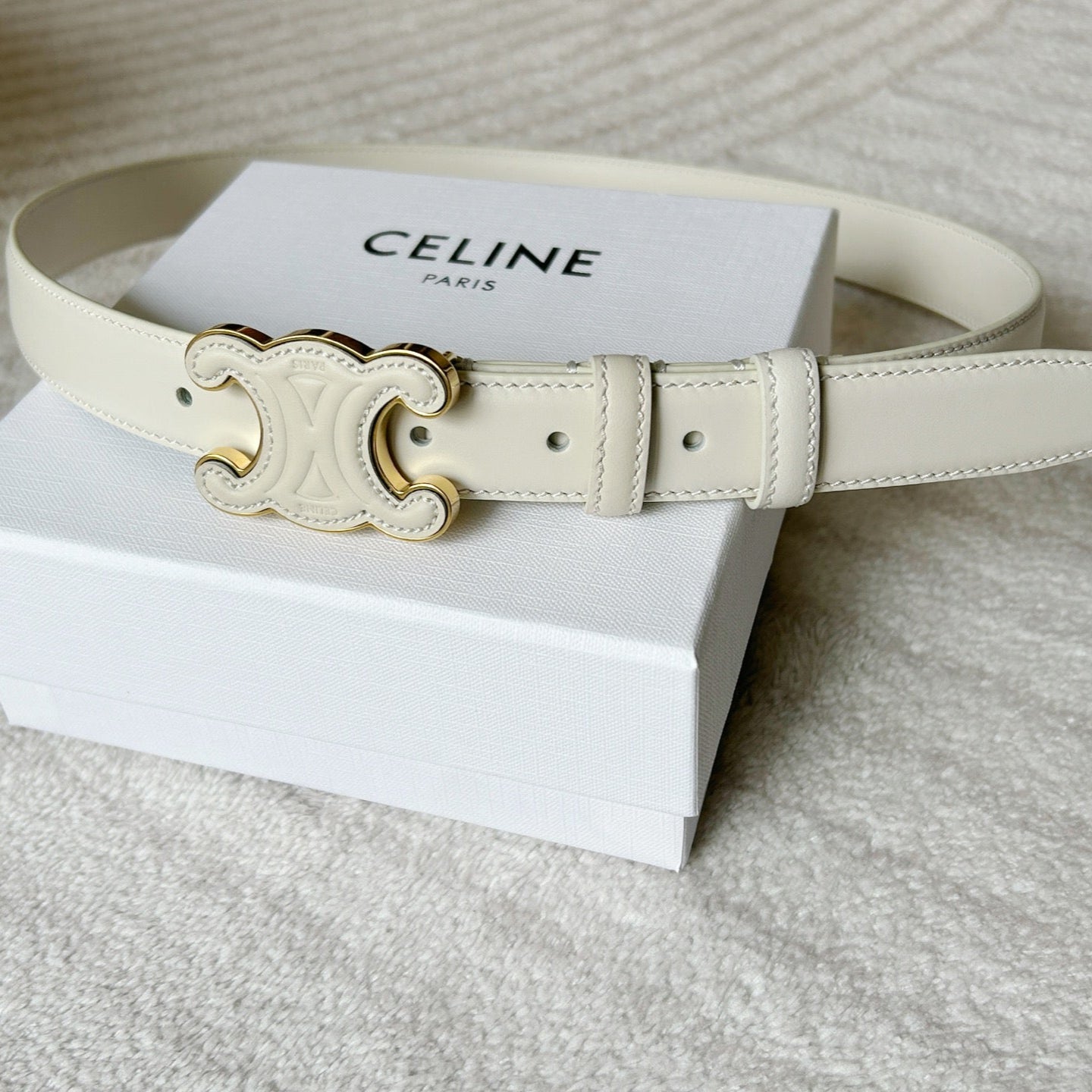 CELINE TRIOMPHE BELT 24MM IN WHITE CALFSKIN WITH LEATHER BUCKLE