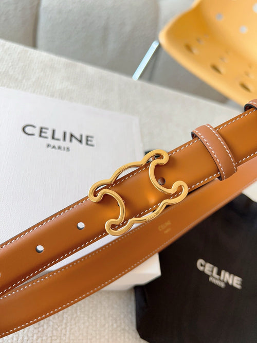 CELINE BELT 25MM TRIOMPHE LOGO CUT-OUT IN BROWN SMOOTH CALFSKIN WITH GOLD BUCKLE
