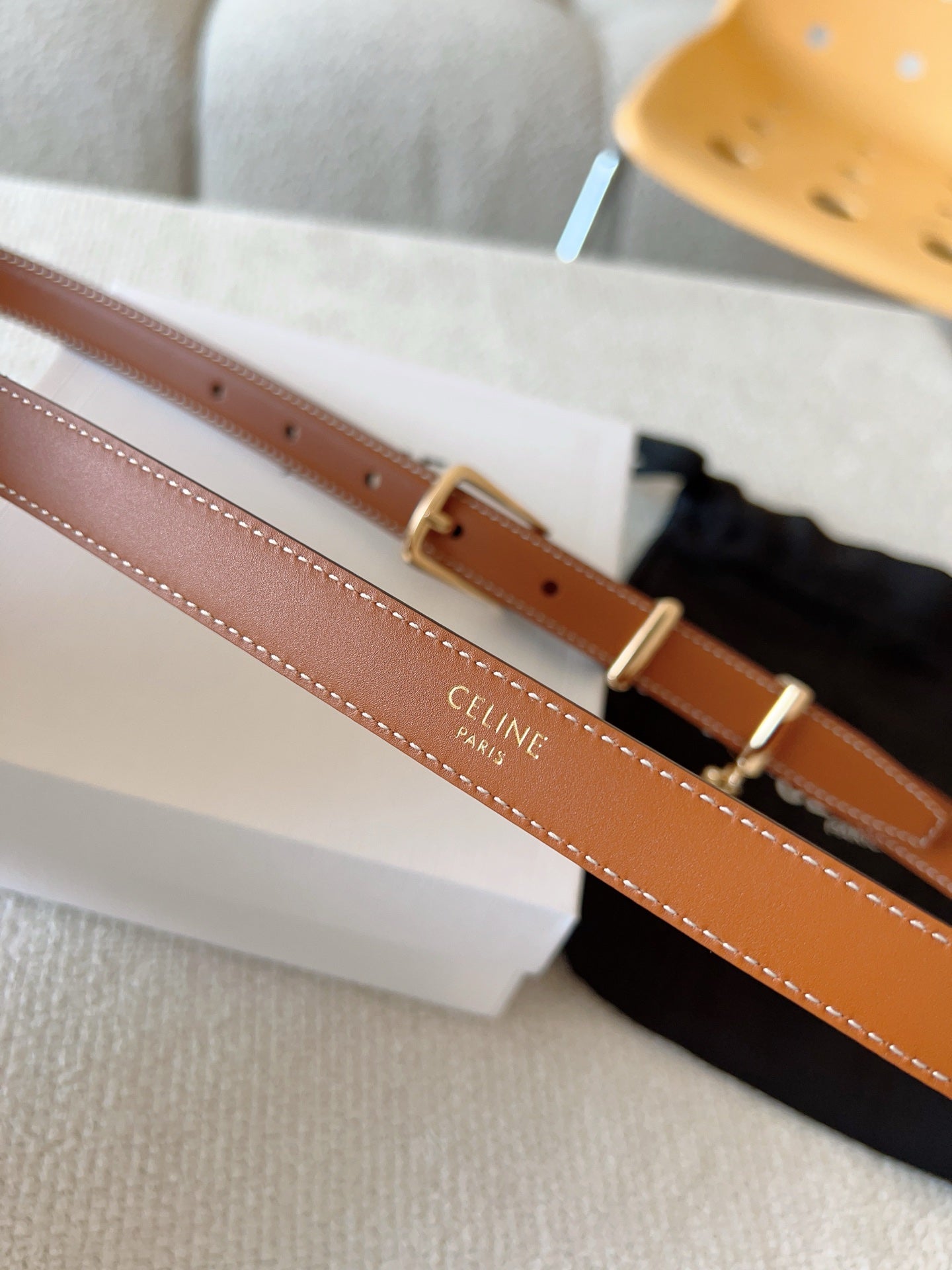 CELINE 25S BELT 18MM IN CARAMEL ELEGANT CHARM TAURILLON GOLD HARDWARE 585791