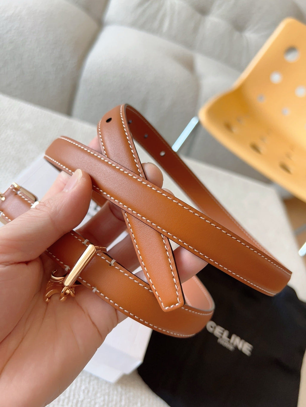 CELINE 25S BELT 18MM IN CARAMEL ELEGANT CHARM TAURILLON GOLD HARDWARE 585791