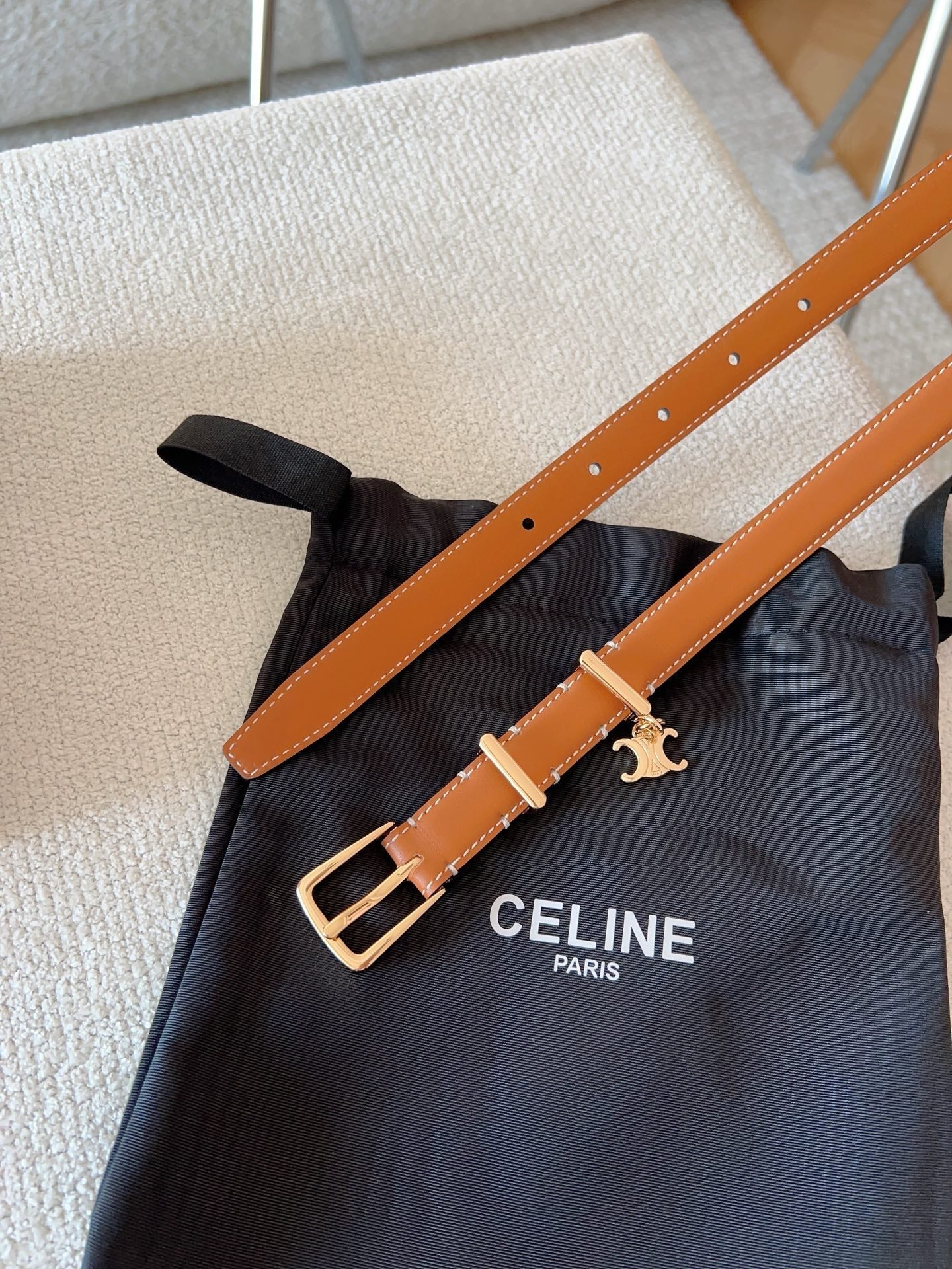 CELINE 25S BELT 18MM IN CARAMEL ELEGANT CHARM TAURILLON GOLD HARDWARE 585791