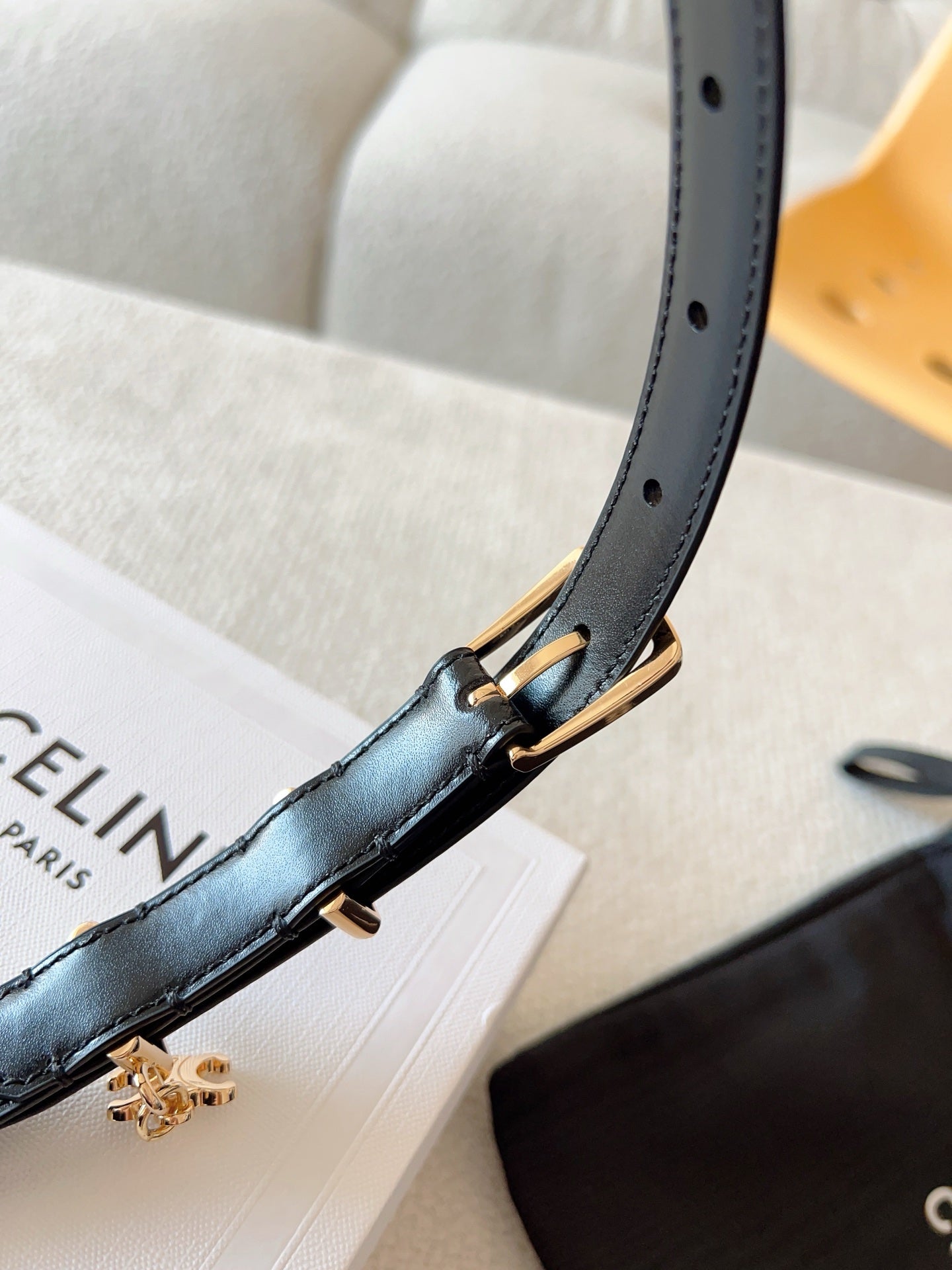 CELINE 25S BELT 18MM IN BLACK ELEGANT CHARM TAURILLON GOLD HARDWARE 585792