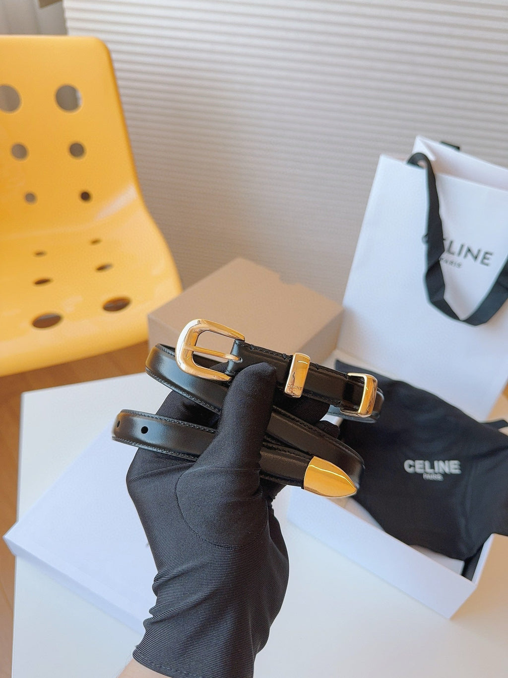 CELINE 25S SMALL 18MM WESTERN BELT IN BLACK CALFSKIN 566640