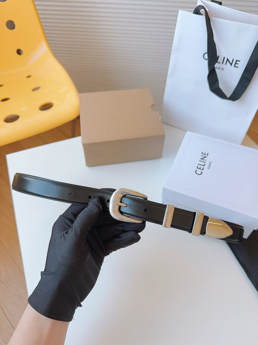 CELINE 25S SMALL 25MM WESTERN BELT IN BLACK CALFSKIN 566639