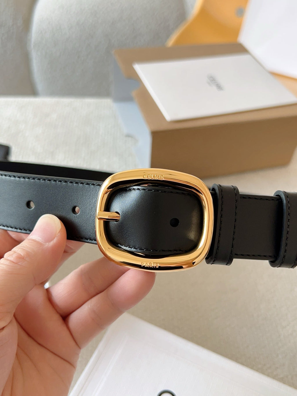 CELINE 25S SMALL 30MM WESTERN BELT IN BLACK CALFSKIN 566637