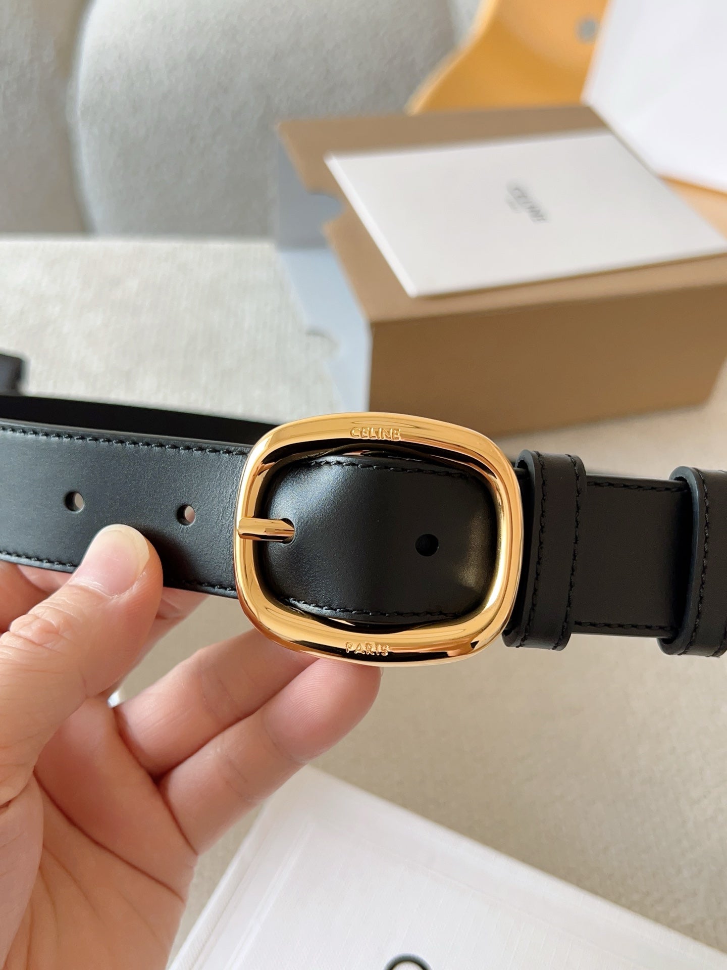 CELINE 25S SMALL 30MM WESTERN BELT IN BLACK CALFSKIN 566637