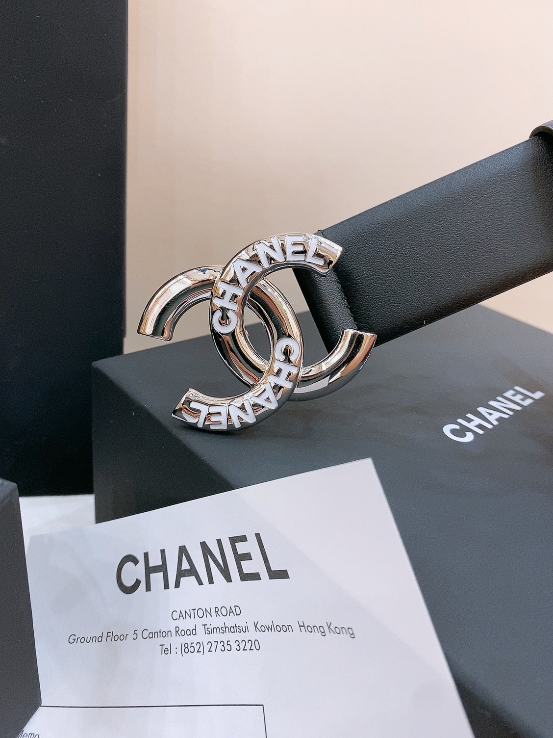 CHANEL DOUBLE C BELT 40MM IN BLACK CALFSKIN SILVER BUCKLE EMBOSSED WHITE LOGO