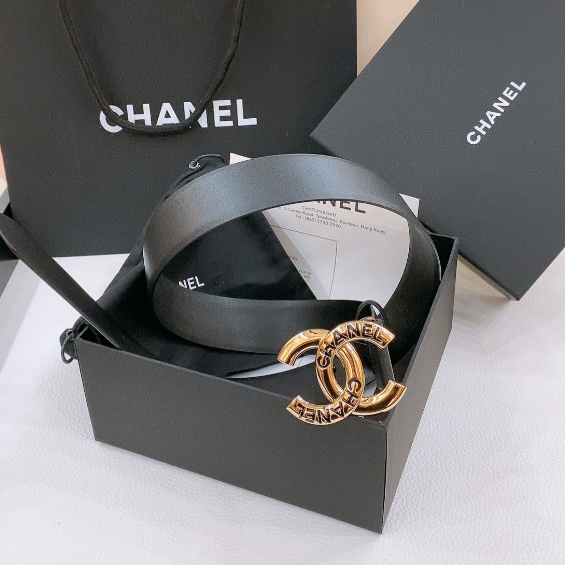 CHANEL DOUBLE C BELT 40MM IN BLACK CALFSKIN GOLD BUCKLE EMBOSSED BLACK LOGO