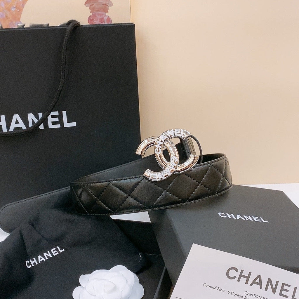 CHANEL DOUBLE C BELT 40MM IN BLACK QUILTED LAMBSKIN SILVER RESIN BUCKLE