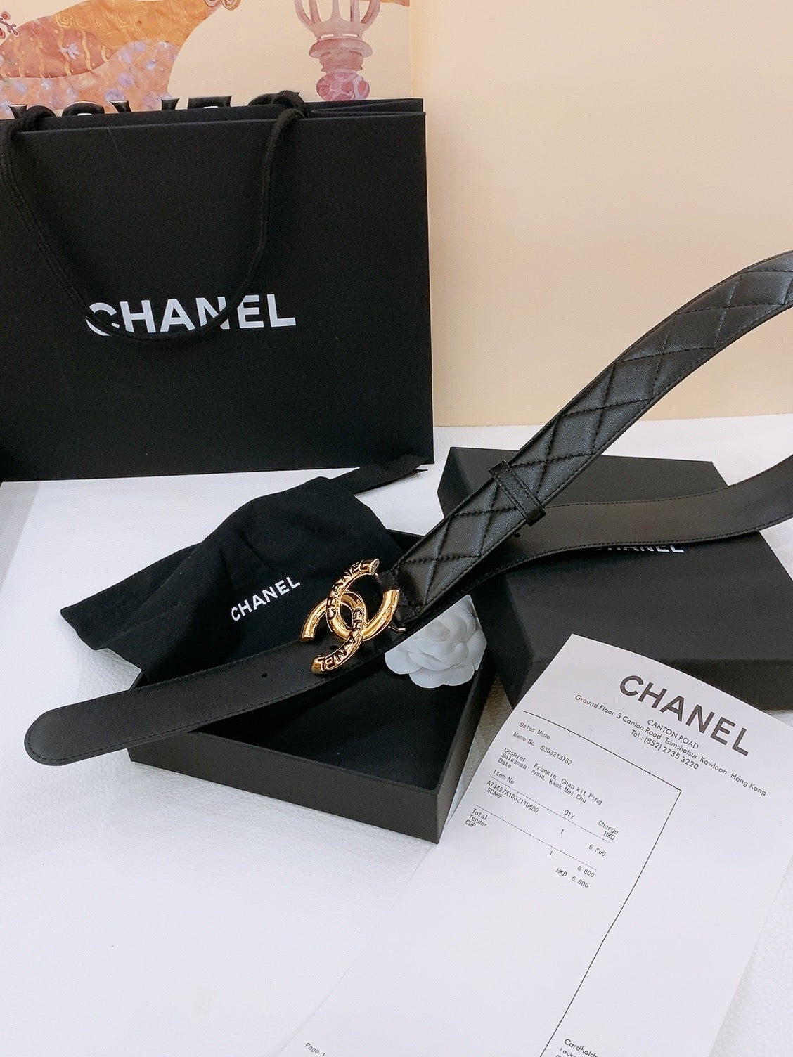 CHANEL DOUBLE C BELT 40MM IN BLACK QUILTED LAMBSKIN GOLD BUCKLE EMBOSSED LOGO