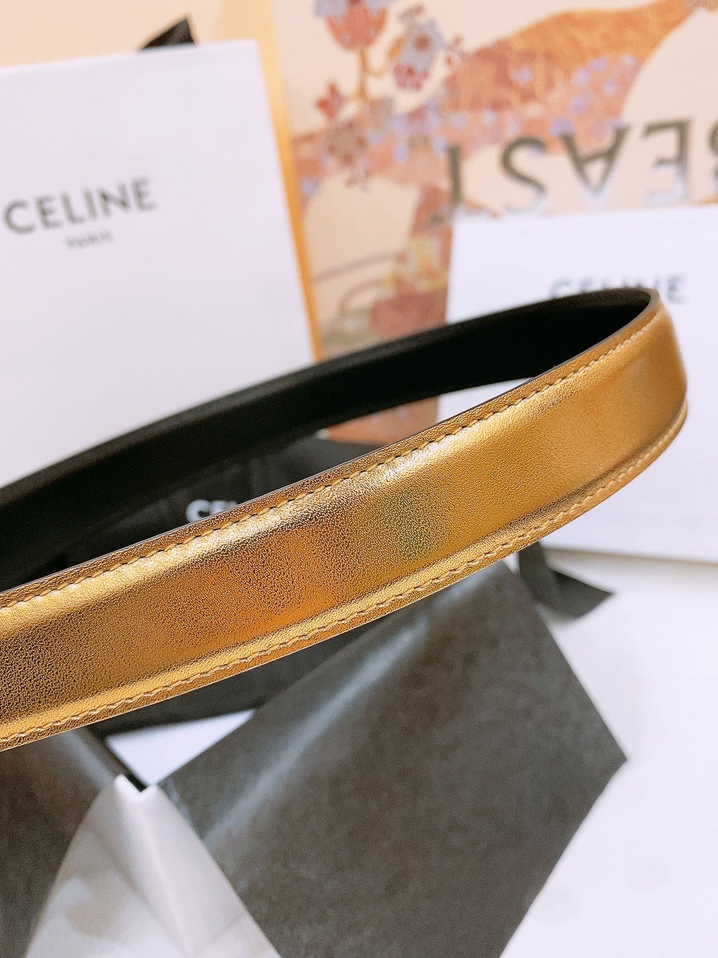 CELINE 25S BELT 25MM WITH ARC DE TRIOMPHE BUCKLE IN GOLD 571497