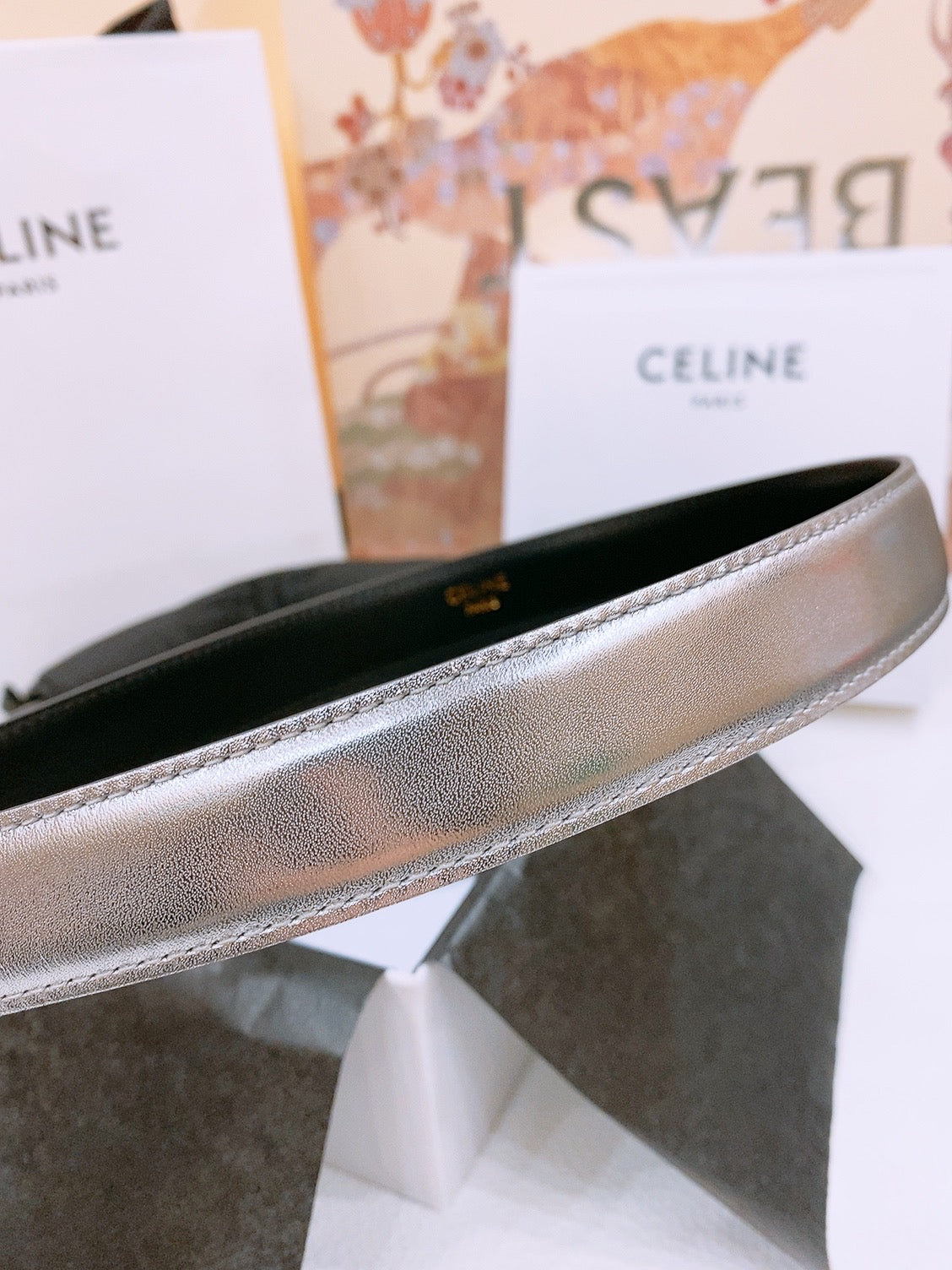 CELINE 25S BELT 25MM WITH ARC DE TRIOMPHE BUCKLE IN SILVER 571498