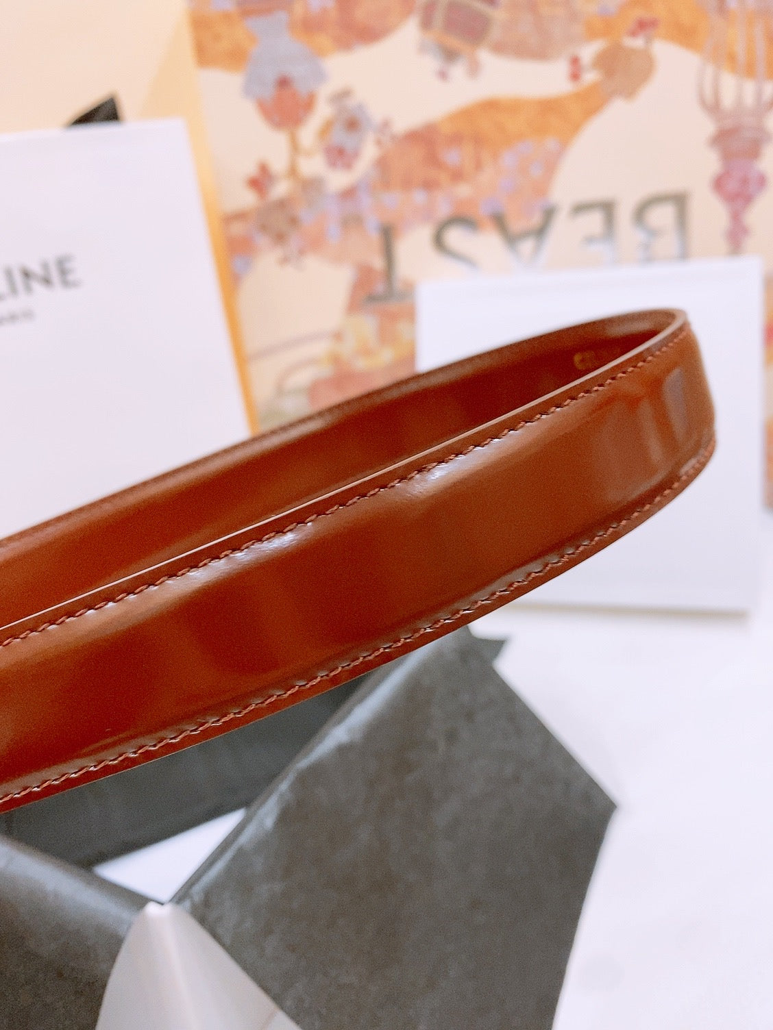 CELINE 25S BELT 25MM WITH ARC DE TRIOMPHE BUCKLE IN BURNT UMBER 571500