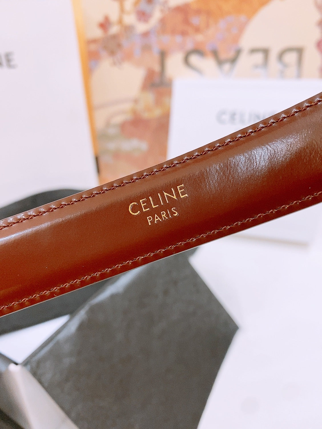 CELINE 25S BELT 25MM WITH ARC DE TRIOMPHE BUCKLE IN BURNT UMBER 571500
