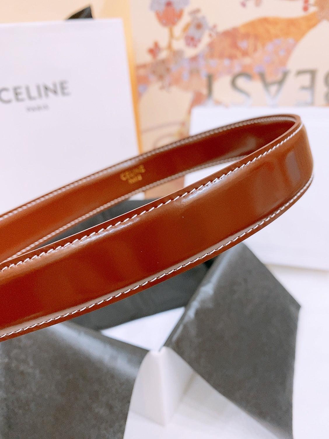 CELINE 25S BELT 25MM WITH ARC DE TRIOMPHE BUCKLE IN BURNT UMBER 571501