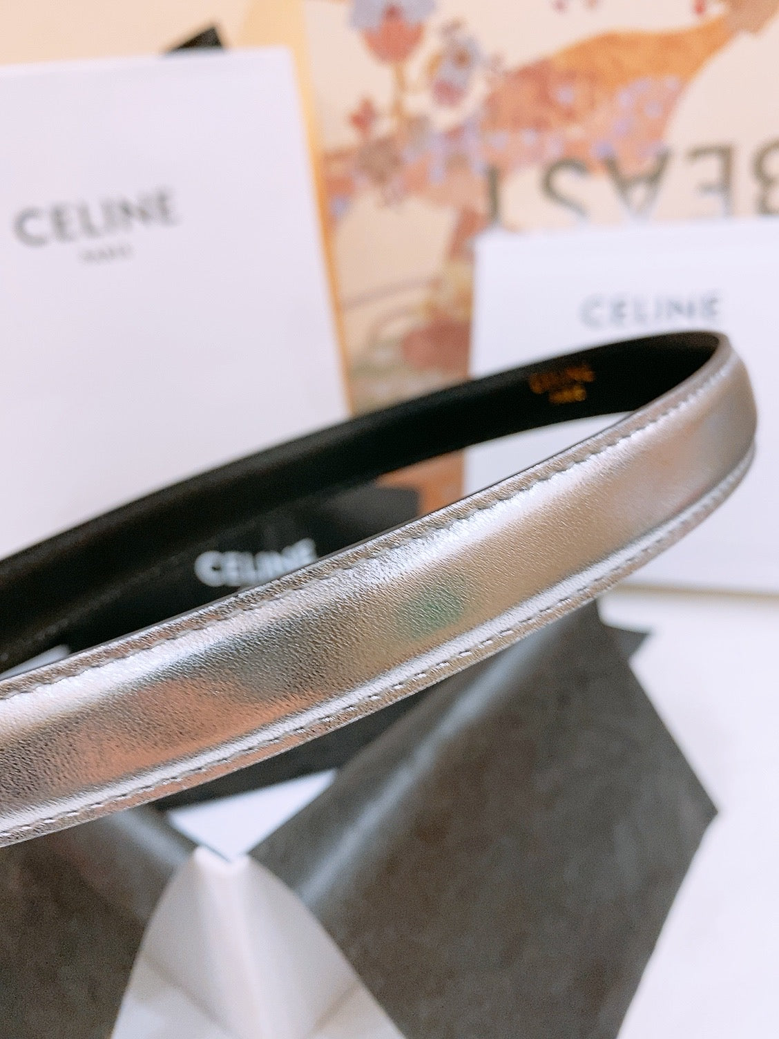 CELINE 25S BELT 18MM WITH ARC DE TRIOMPHE BUCKLE IN SILVER 571503