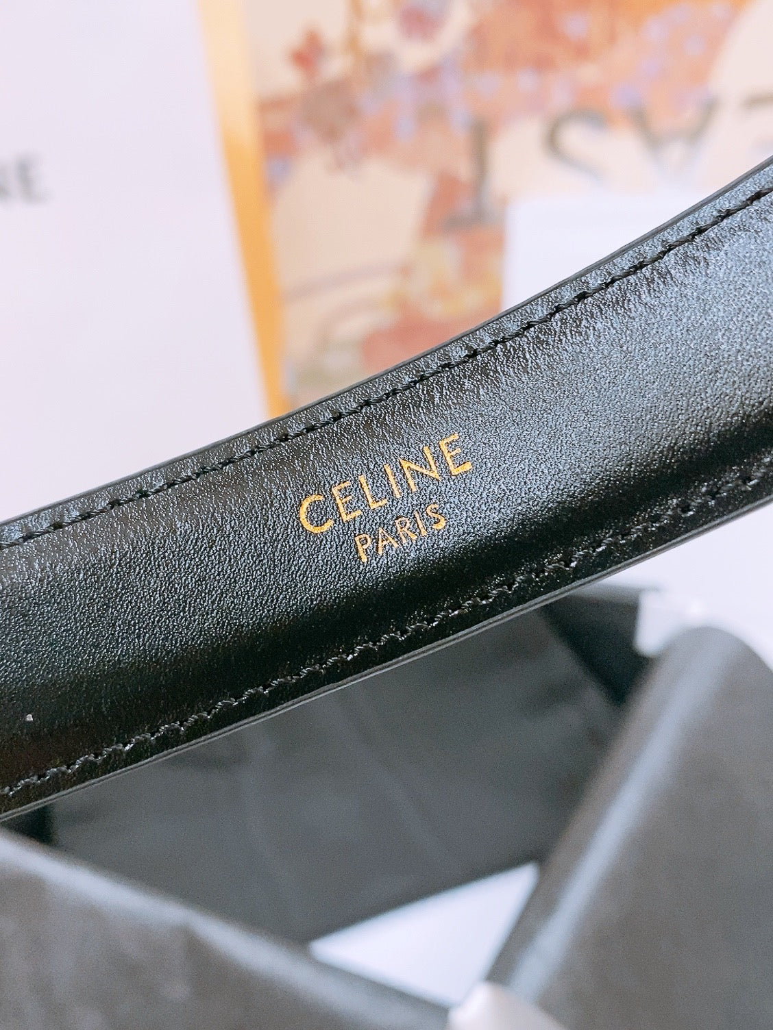 CELINE 25S TRIOMPHE BELT 25MM IN BLACK GLOSSY CALFSKIN GOLD HARDWARE 570968